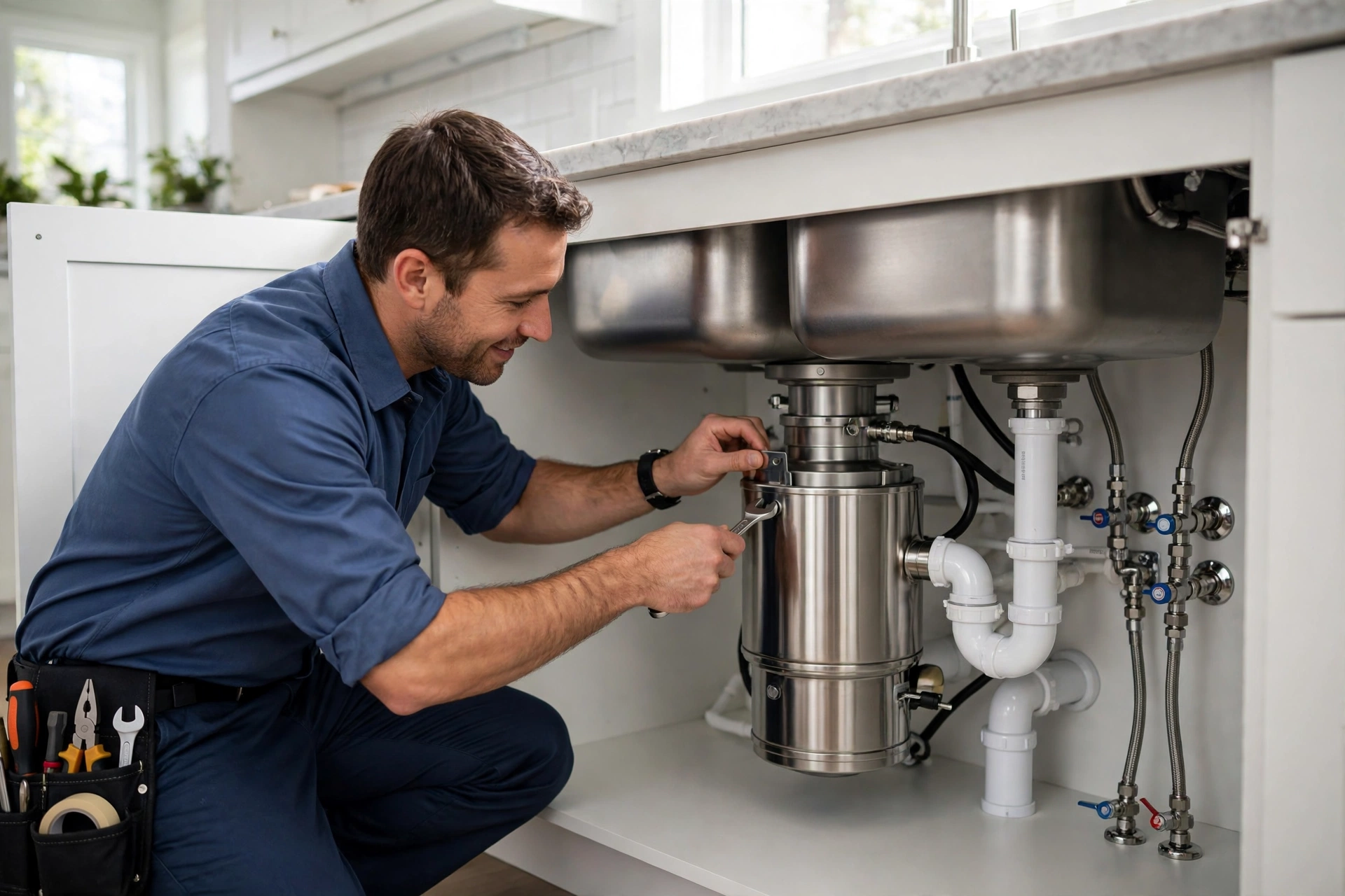 Plumber installing a new garbage disposal under a kitchen sink in Brea