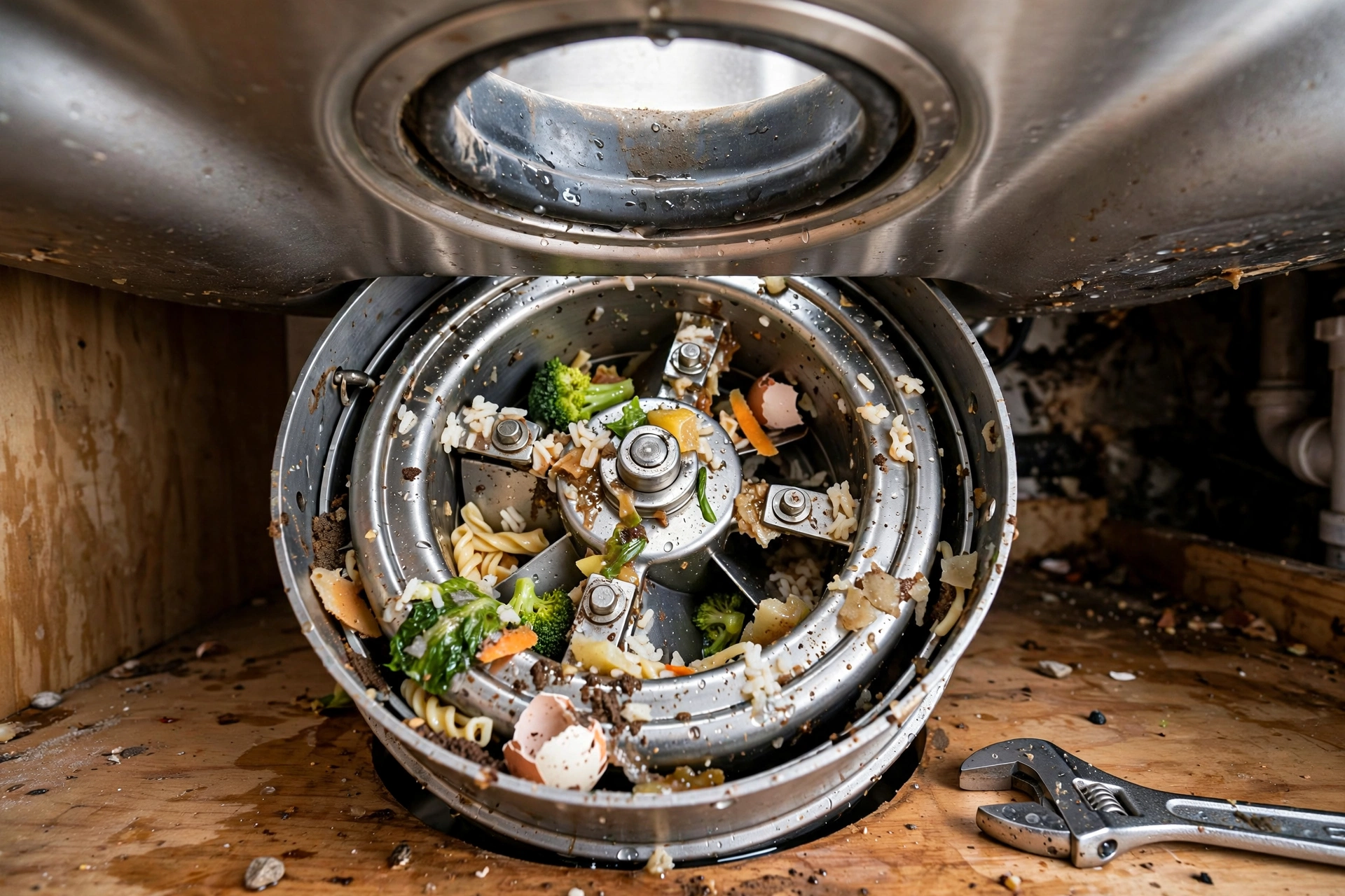 Jammed garbage disposal under a kitchen sink