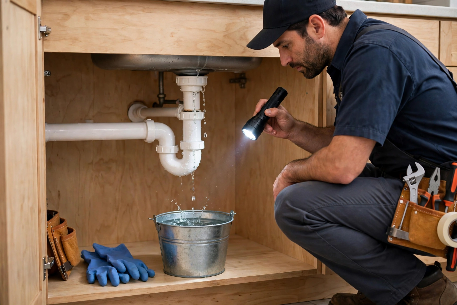 Water dripping from a leaking drain pipe into a bucket under a sink