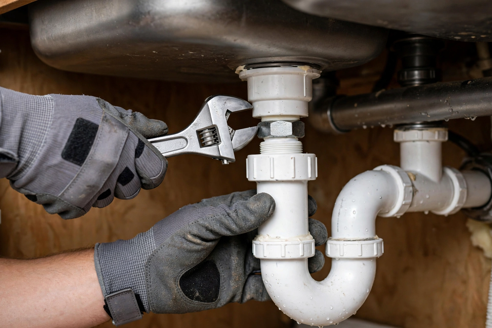 Plumber connecting a drain pipe under a kitchen sink